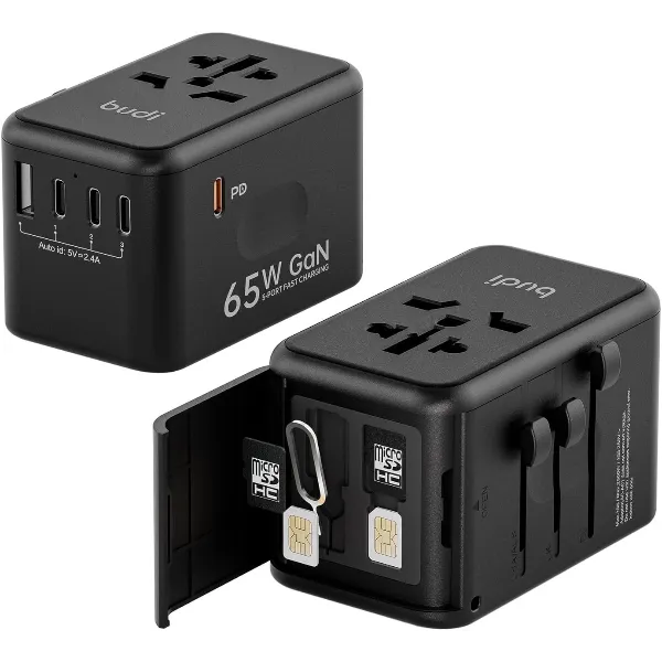 Budi TBudi Universal Travel Plug Adapter 65W Fast Charging Budi Universal Travel Plug Adapter 65W with MicroSD Card Case.
