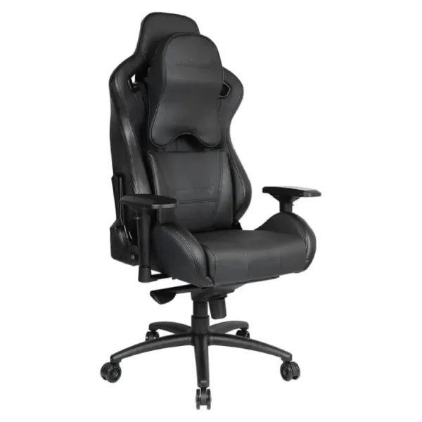 Black AndaSeat Dark Knight chair with headrest and lumbar cushions, adjustable armrests and wheeled base