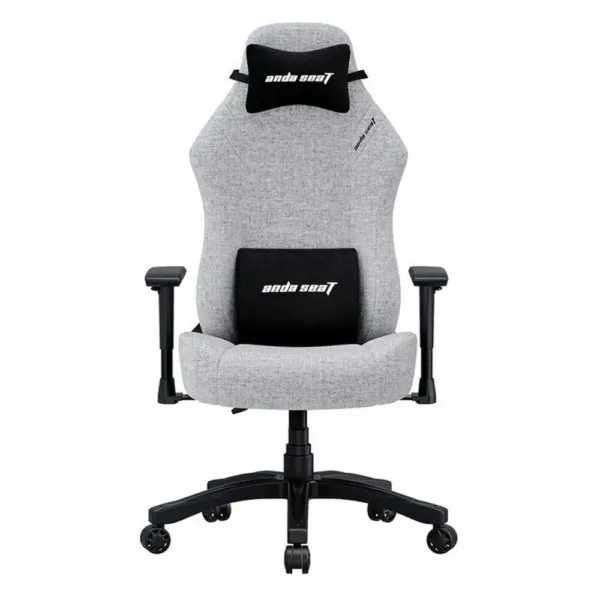 Front view of AndaSeat Luna Large fabric gaming chair in Grey with black pillows