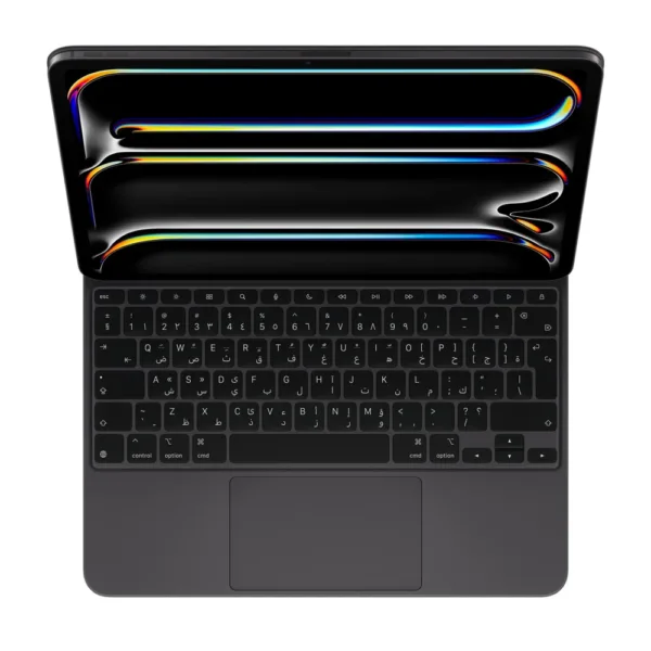 Black Arabic Apple Magic Keyboard for iPad Pro 13-inch with iPad shown for illustration — لوحة مفاتيح ماجيك العربية باللون الأسود، الآيباد للتوضيح