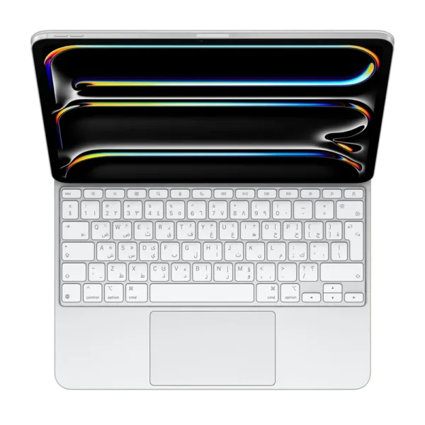 White Arabic Apple Magic Keyboard for iPad Pro 13-inch with iPad shown for illustration — لوحة مفاتيح ماجيك العربية باللون الأبيض، الآيباد للتوضيح