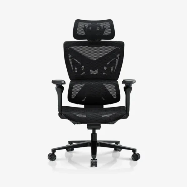 Front view of AndaSeat X-Air Pro Space Black mesh chair with headrest and armrests