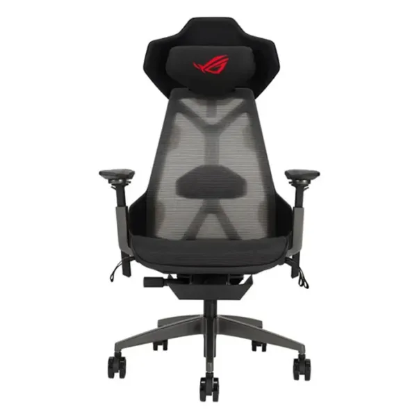 Front view of black ASUS SL400 ROG Destrier Ergo gaming chair with mesh backrest and headrest