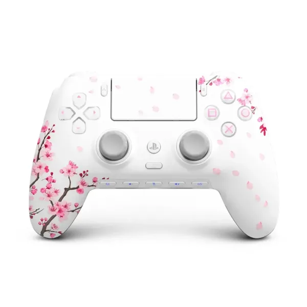 SCUF Omega Cherry Blossom PS5 controller, front view with white shell and pink floral artwork