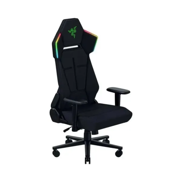 Black Razer Soma Chroma gaming chair with RGB shoulder lighting, fabric seat and adjustable armrests
