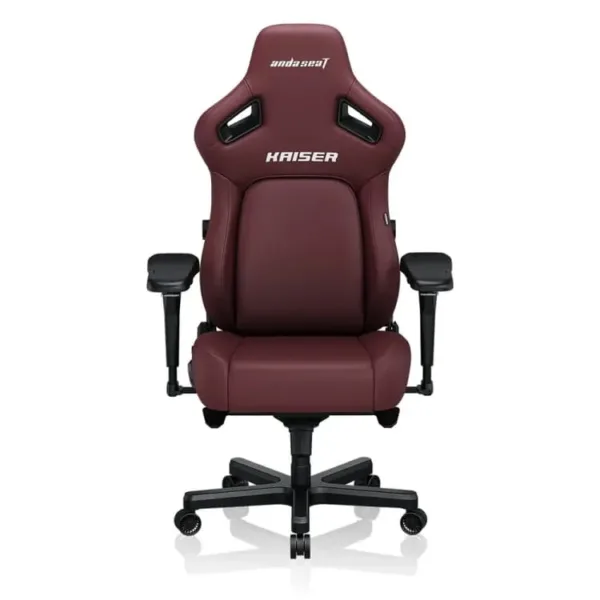 Front view of AndaSeat Kaiser 4 XL Maroon gaming chair with black armrests and base