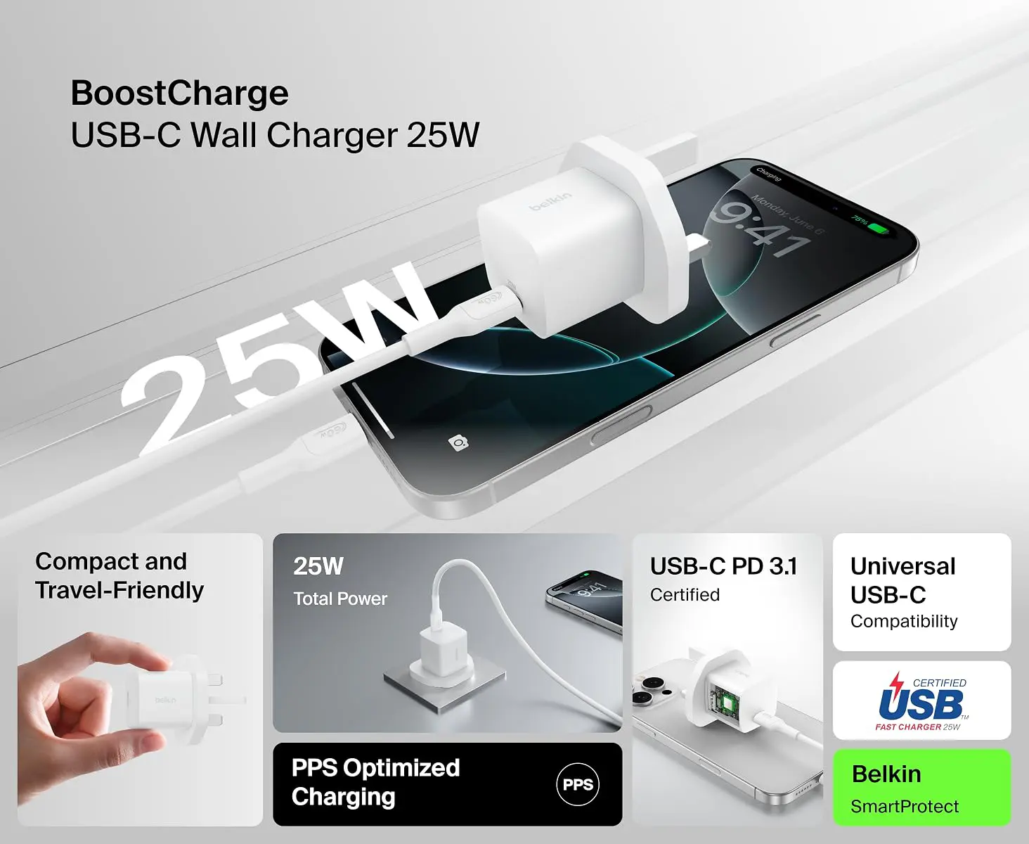 بلكين بوست تشارج شاحن حائط USB-C ‏PD 3.0 PPS بقوة 25 واط
