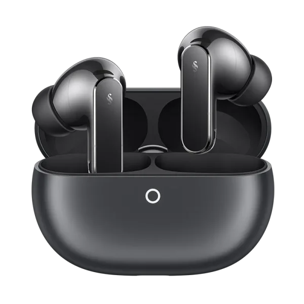 HUAWEI FreeBuds Pro 5 wireless active noise cancelling earbuds in dark grey finish resting inside open charging case.