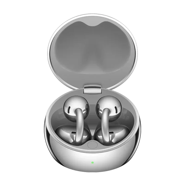 HUAWEI FreeClip 2 Special Edition Space Silver open charging case showing metallic earbuds inside
