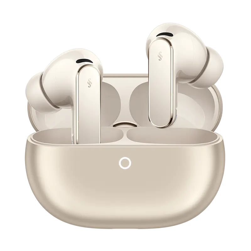 HUAWEI FreeBuds Pro 5 Sand Wireless Earbuds in Charging Case Front view of HUAWEI FreeBuds Pro 5 true wireless earbuds in Sand inside open charging case.