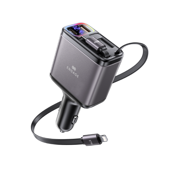 Engage 120W 4In1 Car Charger with Retractable Cables (USB-C/Lightning) & USB Ports
