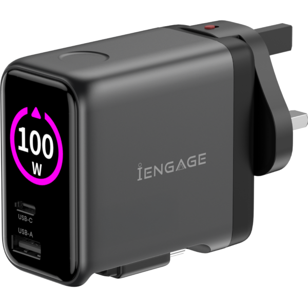 iEngage 100W Ai PD Charger( USB-C+USB-C Cable+ USB- A) with Interchangeable Uk/Eu Plug