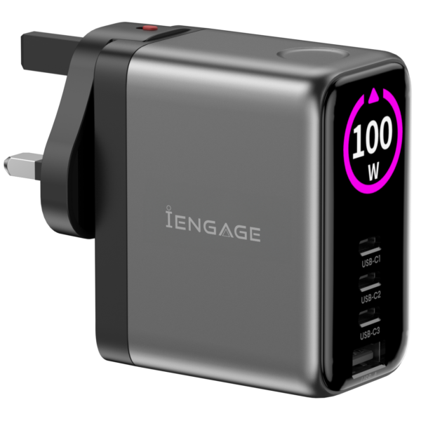 iEngage 100W TFT PD Charger (Triple USB-C + USB -A) with Interchangeable Uk/Eu Plug