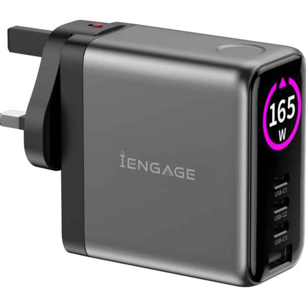 iEngage 165W TFT PD Charger (Triple USB -C + USB-A) W/ Interchangeable Uk/Eu Plug