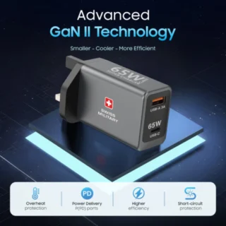 Swiss Military 65W Ga N II Super Charger with USB C PD, USB A & 1.2m 60W USB C Cable