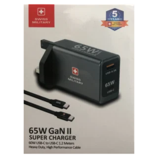 Swiss Military 65W Ga N II Super Charger with USB C PD, USB A & 1.2m 60W USB C Cable