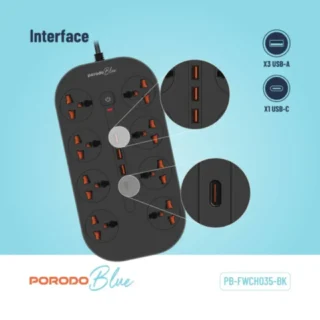 Porodo Blue Power Strip 8AC – Black product image — product view 2