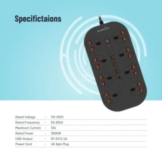 Porodo Blue Power Strip 8AC – Black product image — product view 3