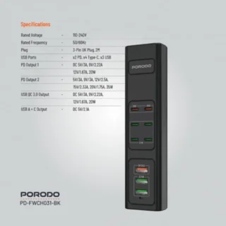 Porodo 85W Multi-Port USB Charging HUB - Black product image — product view 3