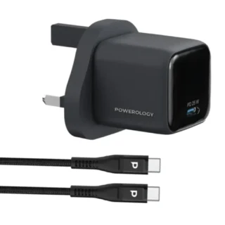 Powerology volt-x 25w mini gan wall charger with c to c cable - black product image