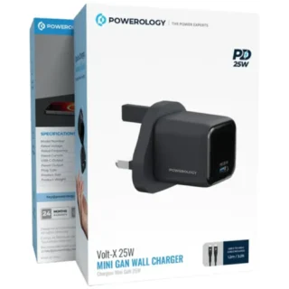 Powerology volt-x 25w mini gan wall charger with c to c cable - black product image — product view 4