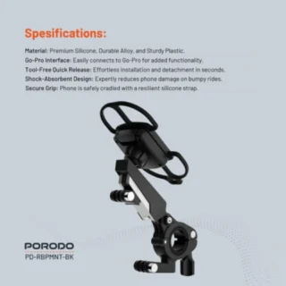 Porodo Shock-absorption Bicycle Mount - Black product image — product view 4