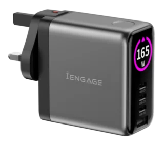 iEngage 165W TFT PD Charger (Triple USB -C + USB-A) W/ Interchangeable Uk/Eu Plug