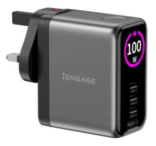 iEngage 100W TFT PD Charger (Triple USB-C + USB -A) with Interchangeable Uk/Eu Plug