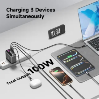 iEngage 100W TFT PD Charger (Triple USB-C + USB -A) with Interchangeable Uk/Eu Plug — product view 2
