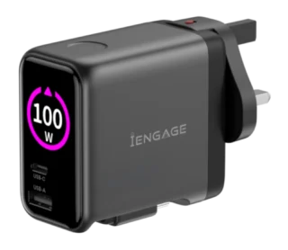 iEngage 100W Ai PD Charger( USB-C+USB-C Cable+ USB- A) with Interchangeable Uk/Eu Plug