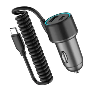 iEngage 3-In-1 55W CoiLED USB-C Cable Car Charger(USB-C/USB-A/USB-C Cable)