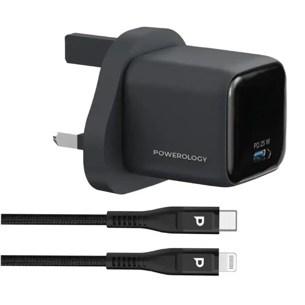 Powerology volt-x 25w mini gan wall charger with c to lightning cable- black product image